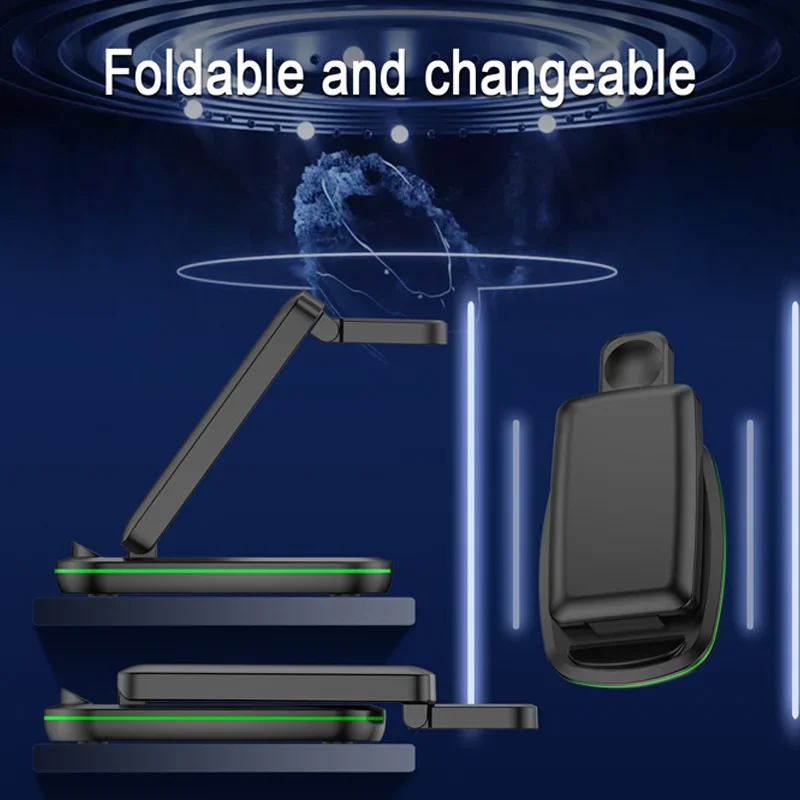 30W 3 in 1 Wireless Charger Stad Pad Fodable RGB Light Fast Charging Station Dock For iPhone 15 14 13 X iWatch 8 7 6 Airpods Pro