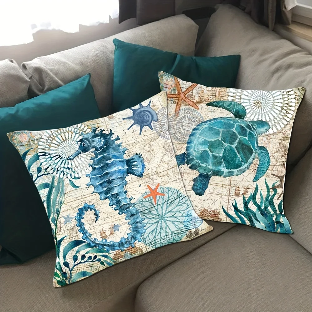 1pc Cove Single Side Square CushionCovers Seahorse Whale Starfish Turtle Blue Ocean Square Throw PillowCover Linen Material 3