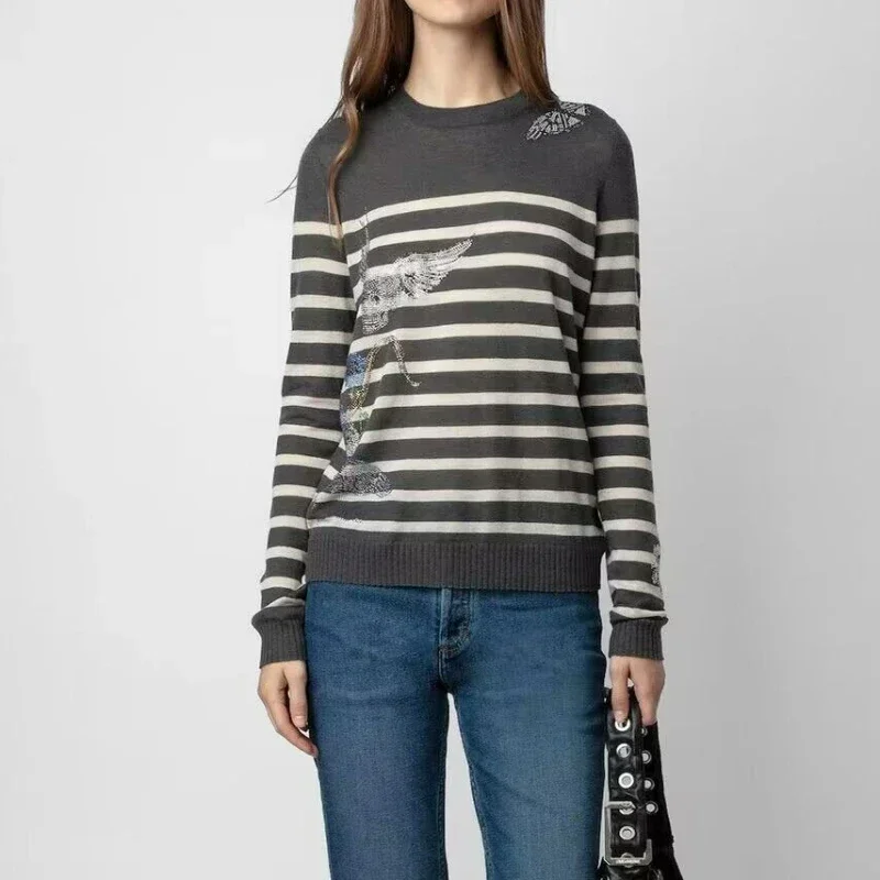 

Women Casual Round Neck Hot Diamond Butterfly Stripe Long Sleeve Cashmere Warm Sweater
