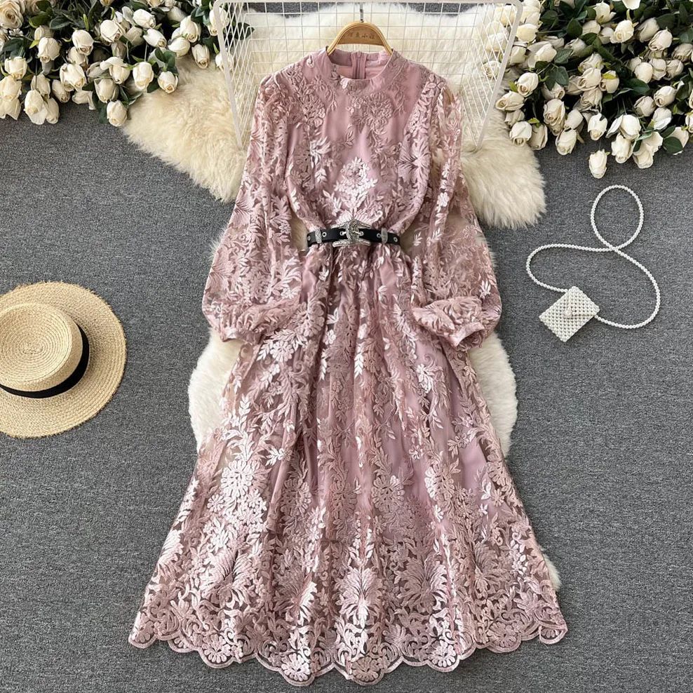 

TEELYNN Vintage Floral Embroidery Lace Dress for Women Robe O-neck Long Sleeve Dresses Autumn Spring 2023 Party Boho Vestidos