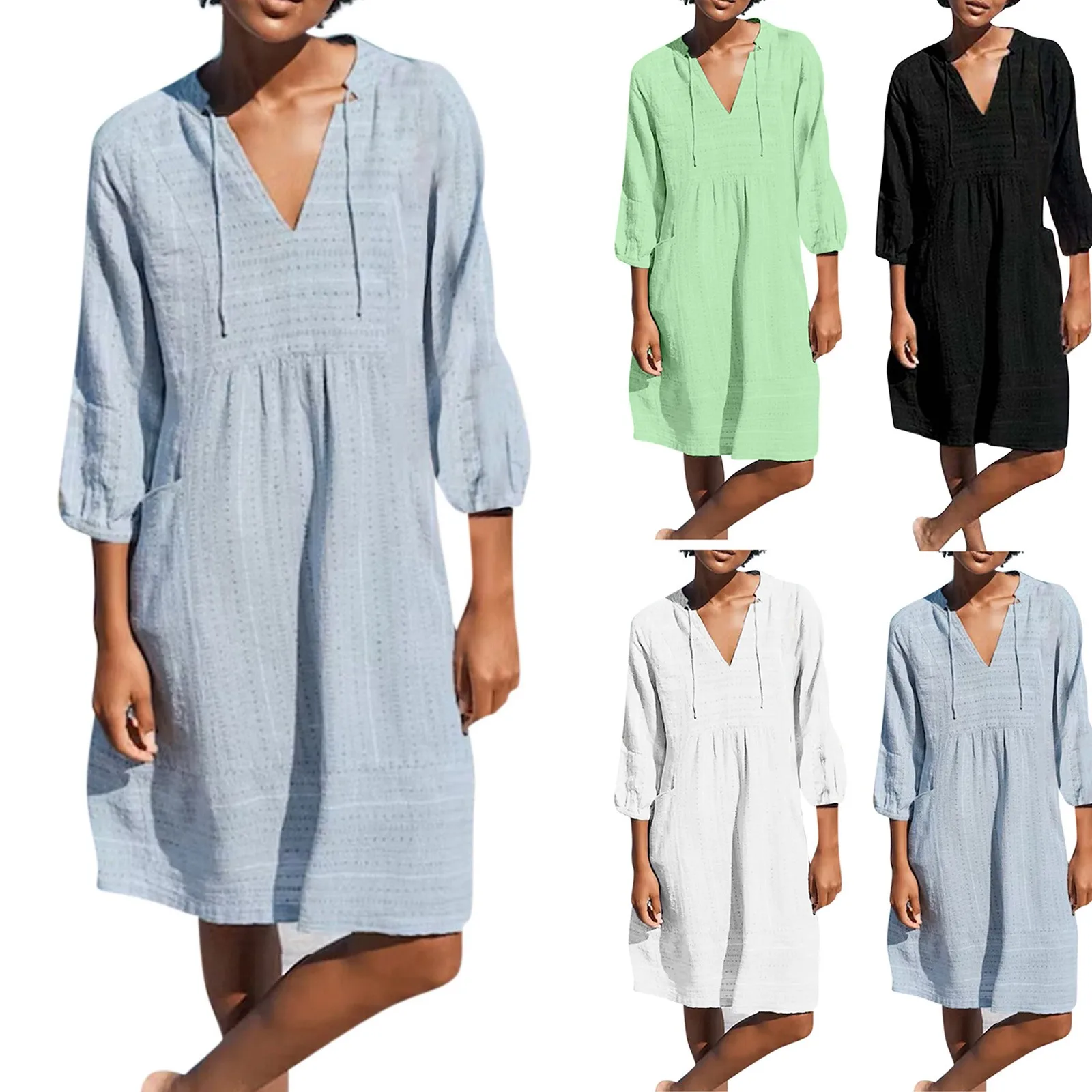 

Women's Solid Color Cotton Linen Dress With V-neck Casual Loose Pocket Dress roupas feminina vestidos verano moda 2024 원피스