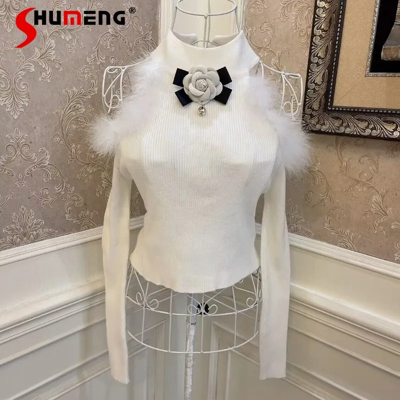 

French Style Socialite Plush Ostrich Furry Fashion Design Off-Shoulder Long Sleeved Slim-Fit Figure Flattering Knitted Short Top