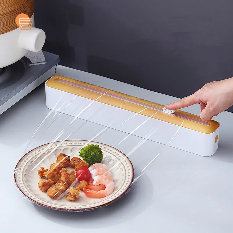 Cling Wrap Dispenser 2 in 1 Plastic Wrap Dispenser Food Cling Film Cutter Wrap Storage Box Aluminum Foil Stretch Film Cutter Kitchen Accessories