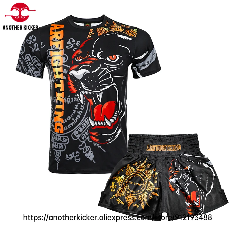Muay Thai Shorts MMA T Shirt Tiger Sublimated Boxing Shorts Rashguard Set Martial Arts Combat Fight Kickboxing Training Uniform