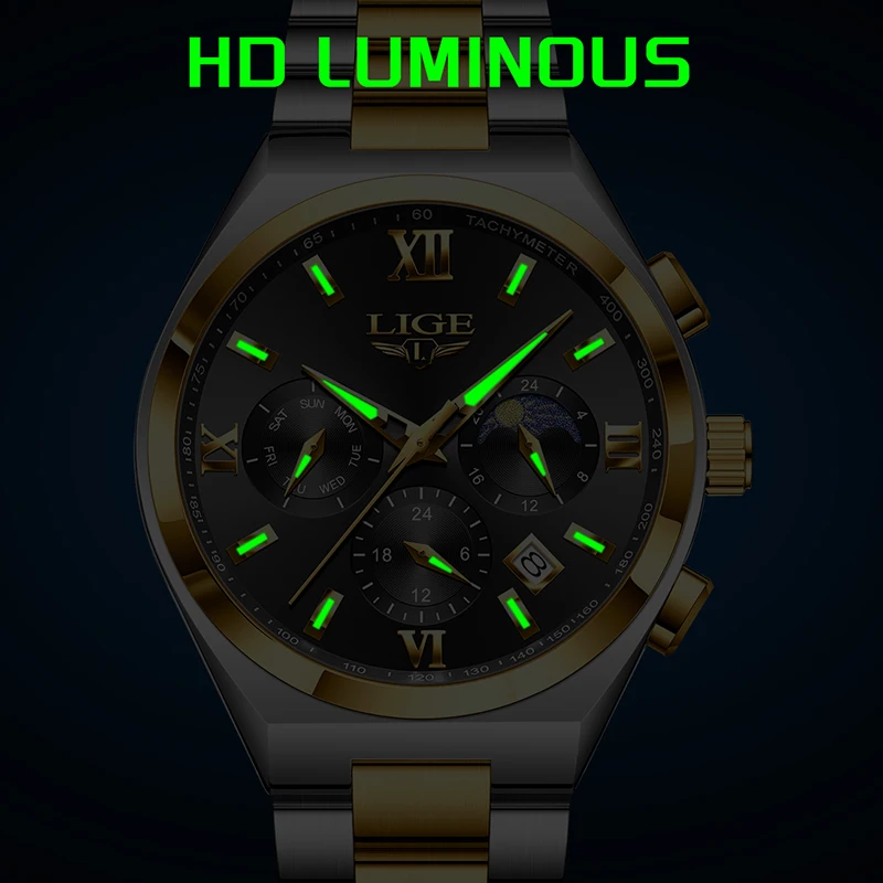 LIGE New Sport Chronograph Quartz Wristwatch Men Fashion Business Men Watch Stainless Steel Waterproof Military Watches For Men