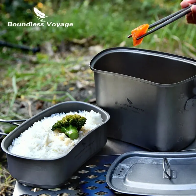 Titanium Hanging Pot Cup Cooking Set with Lid Folding Handles Outdoor Camping Cookware Mess Kit 1500ML + 600ML camping cookware set camping cookware kitchen utensils