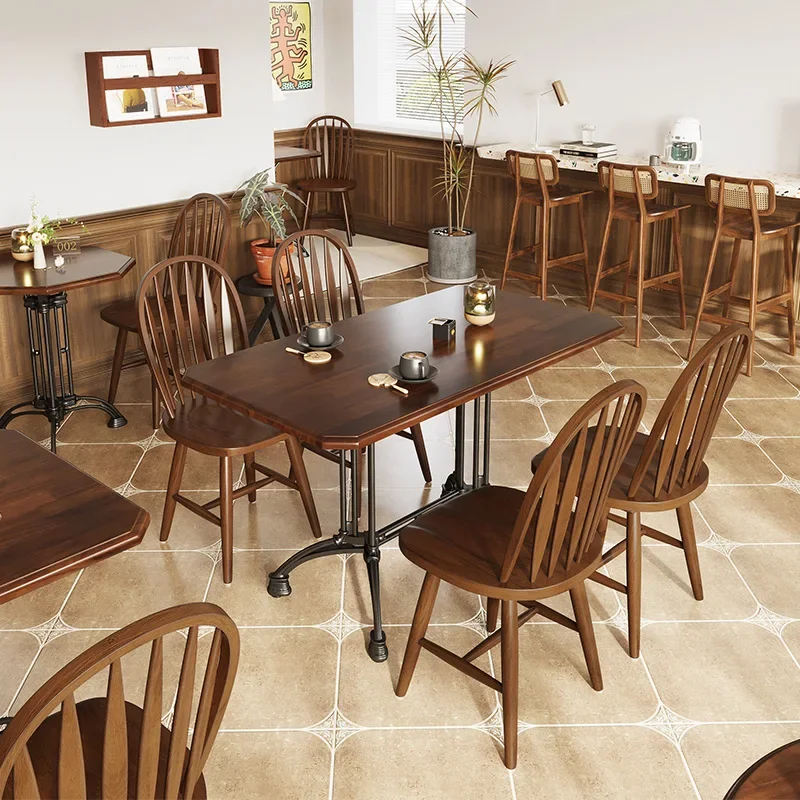 (5) Retro Internet Celebrity Dessert Bakery Chairs French Style Restaurant Tables Solid Wood Tables