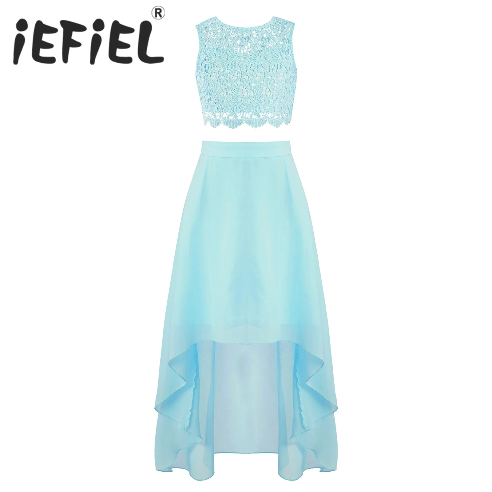 

Kids Girls Chiffon Summer Outfits Sleeveless Floral Lace Tops with Skirt for Birthday Party Bridesmaid Wedding Princess Sets