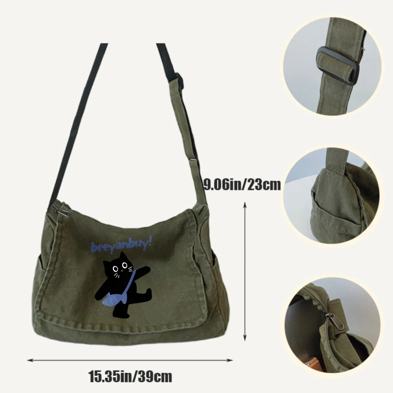 Women's Shoulder Bag Playful Cat Print Canvas Large Capacity Crossbody Bag Students Tote Book Bag Unisex Commuting
