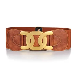 Golden Hook Buckle Elegant Women's Retro Elastic Wide Belt (Camel)