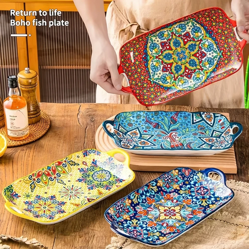 Dining Dish 1pc Ceramic Fish Dish 12.8-inch Rectangular Tray Microwave Oven Suitable