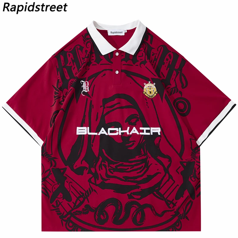 Hip Hop Streetwear Polo T-Shirt Jungfrau Maria Grafik T Shirt Männer Polo Shirt Kurzarm Harajuku Baumwolle Tops Tees Rot Grau