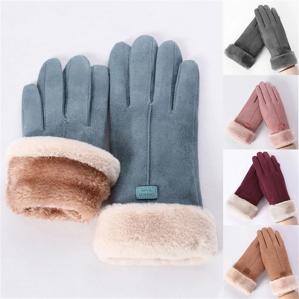 Women's Winter Suede Gloves Fleece Warm Windproof Full Finger Gloves Touchscreen Cold Weather Hiking Outdoor Sport Female Gloves