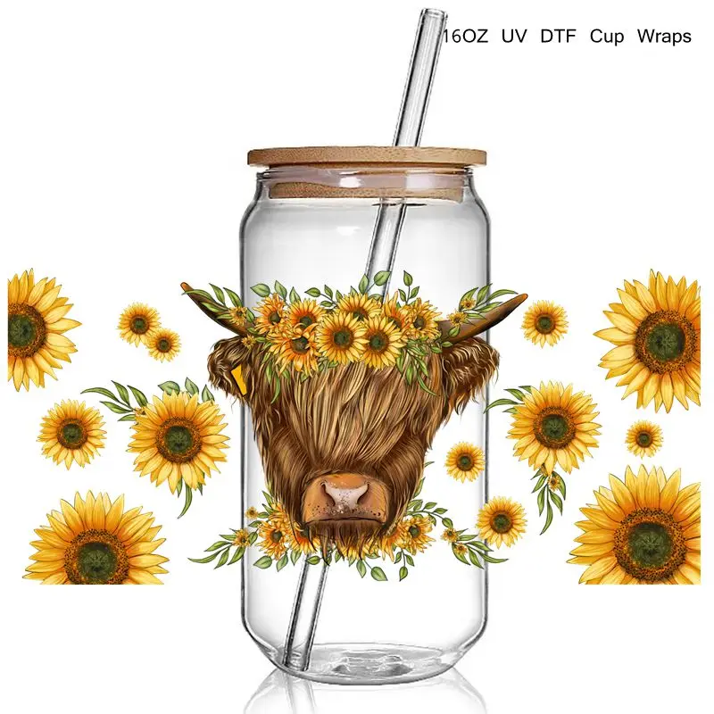3D Retro Sunflower Cow UV DTF Cup Wraps stickers Spring Cow Flowers UV Wrap Transer for 16oz Libbey Glass