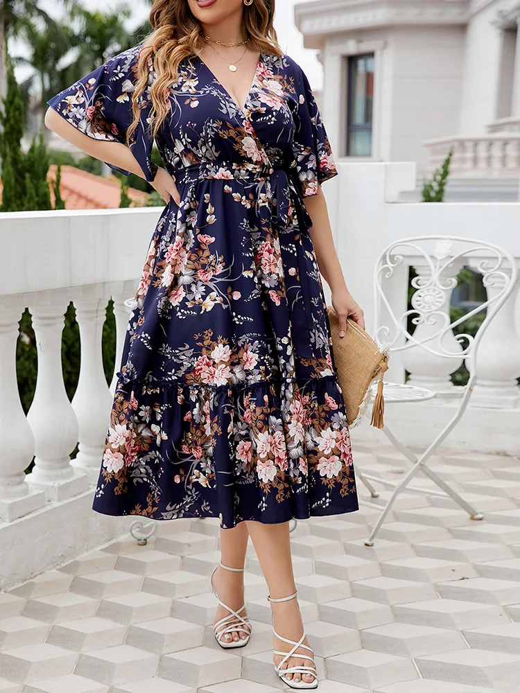 Cheap Women Plus Size Midi Dresses 2023 New Summer Casual Elegant V-Neck Short Sleeve Ruffled Floral Print Boho Holiday Clothing