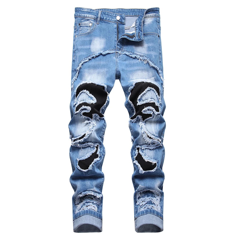 Men Patches Ripped Denim Jeans Casual Holes Distressed Stretch Pants Slim Straight Trousers