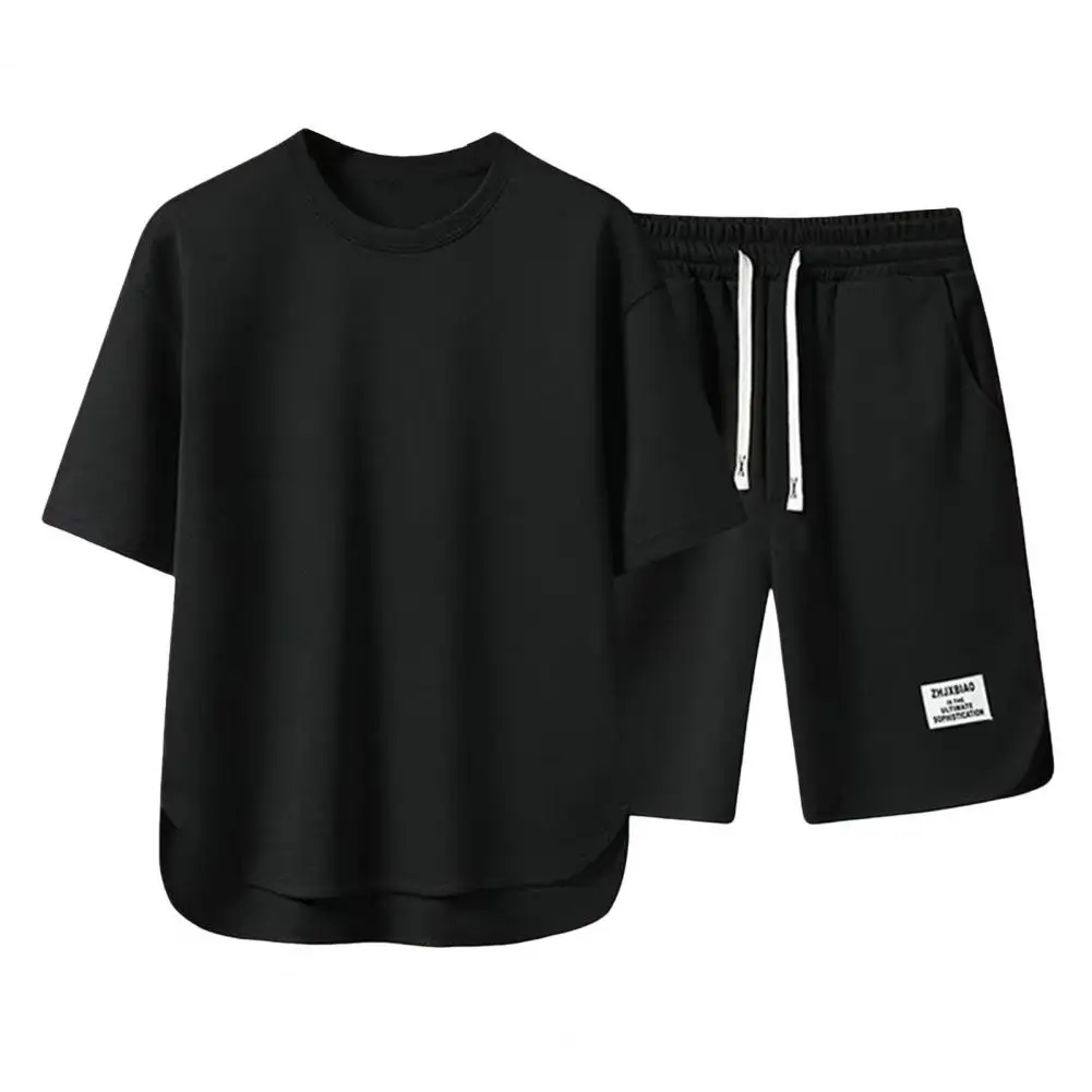 

Men's Jogging Suit with Pockets Outfit Set O-neck Short Sleeve T-shirt Drawstring Waist Wide Leg pants