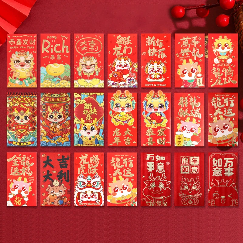 

6 шт., красные конверты для китайского Нового года, милый подарок с мультяшным драконом, фотоэлемент, красная посылка, подарок с новогодним благословением