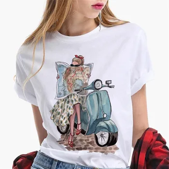 Paris Girl Europe and America Fashion Loose Ins White Short-sleeved T-shirt Woman Graphic T Shirts  Harajuku  Women Clothes 1