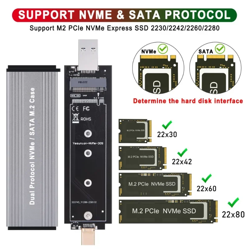 Hdd Enclosure External Hard Drive Housing M2 Ssd Enclosure External Solid State Drive NVME Case USB3.1 M.2 SSD Enclosure NVME To USB 3.1 TYPE-A + TYPE C 10Gbps Supports 2230 2242 M.2 SSD Box Laptop Phone PC