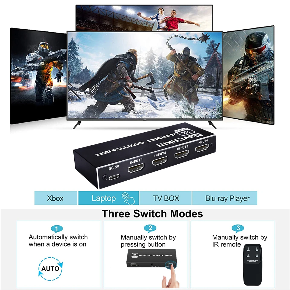 8K HDMI 2.1 Switcher Selector 4K 120Hz HD Switch HDMI Splitter 4 In 1 Out 3 In 1