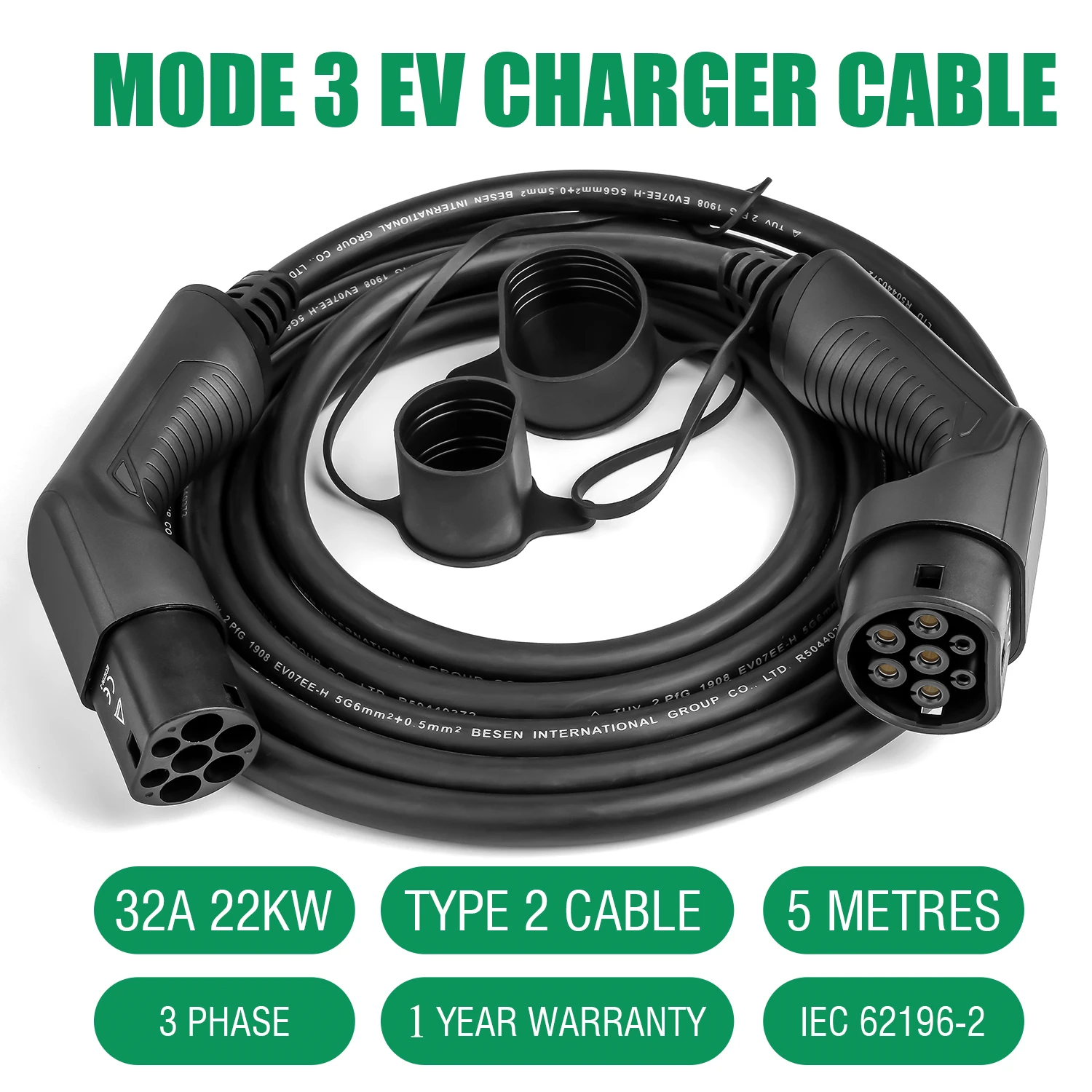 EV Charging Cable 32A 22KW Three Phase Electric Vehicle Cord for Car Charger Station Type 2 EVSE Female to Male Plug IEC 62196