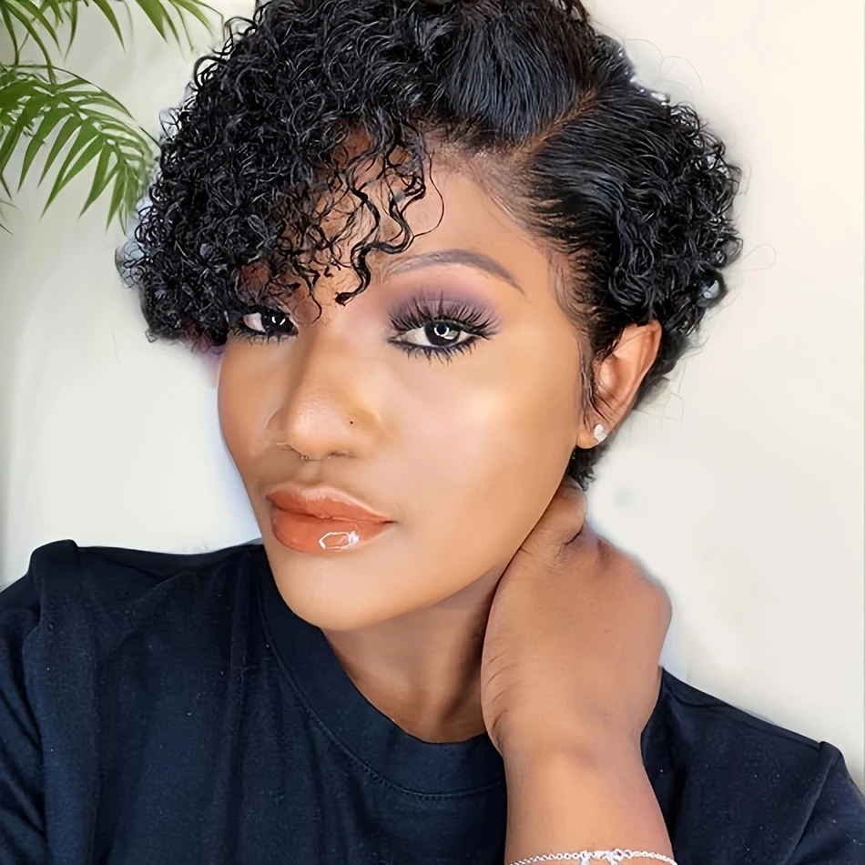 Short Curly Pixie Cut Wigs Human Hair Wig with Baby Hair Side Part 13*4*1 Lace Frontal Wig For Women