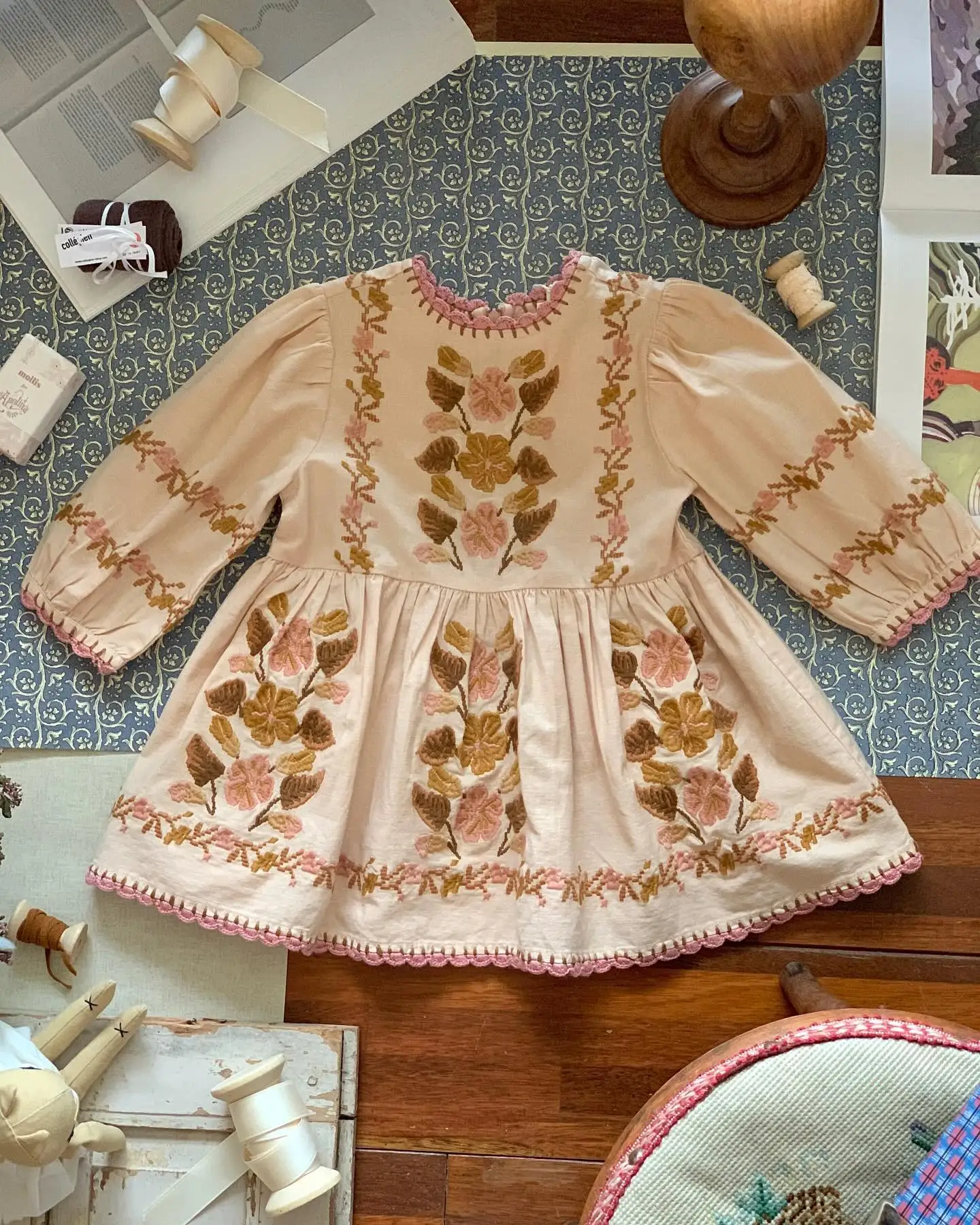 APO Couture Dress! Spring summer shirt dress Embroidery Pastoral series retro style heavy embroidery flower girl dress baby