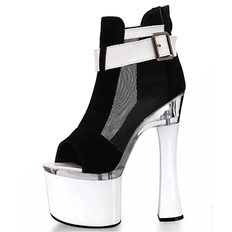 

18 cm super high heels with unique buckles decorated package with floor empty sandals White fashion sexy black dance shoes