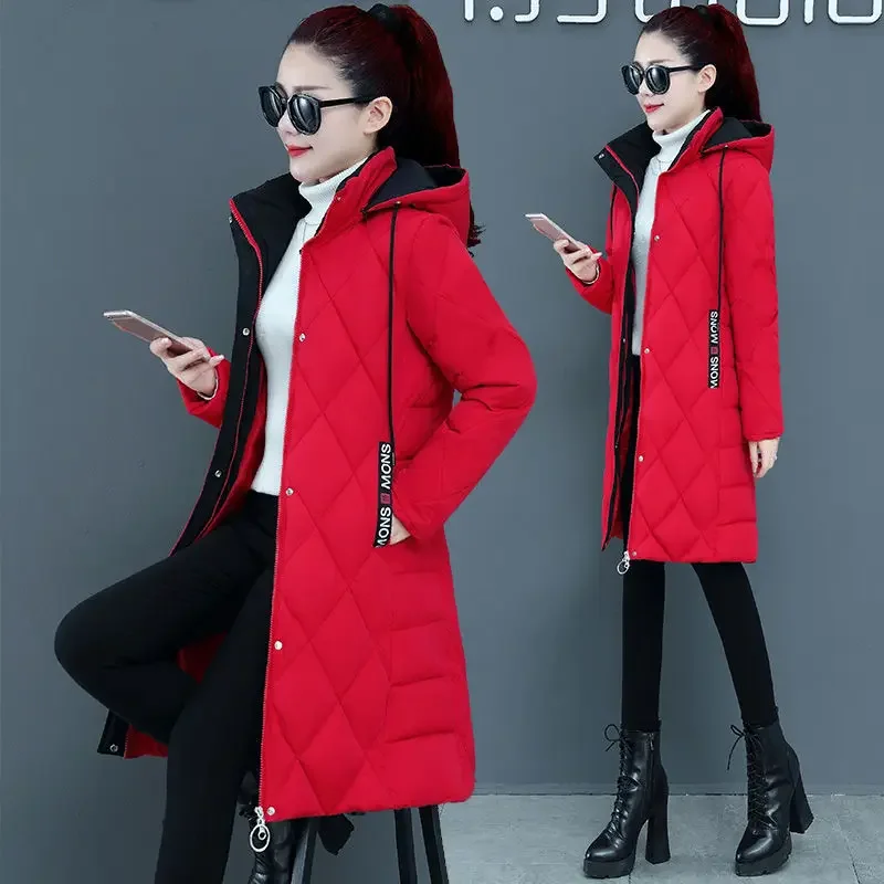 Women's Mid-length Cotton Clothes Hooded Keep Warm In Winter Diamond Lattice Korean Fashion Slim Fit Plus Size Designer Jacket