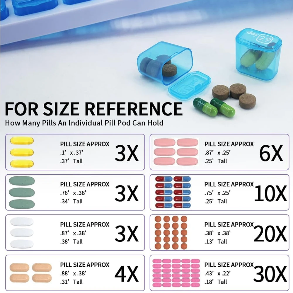 Monthly Pill Organizer with Large Removable Pods and Portable Travel Case