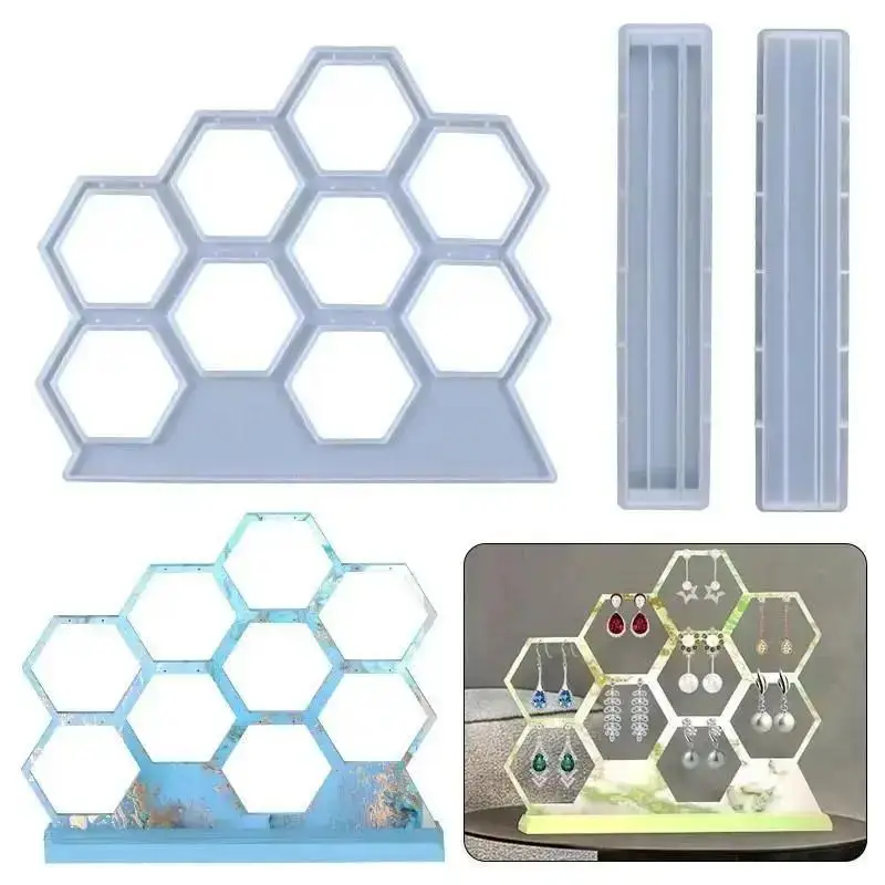 DIY Crystal Epoxy Resin Mold Hollow Hexagon Earring Hanger Silicone Coaster Mold Jewelry Storage Mold For Home Decoration Crafts