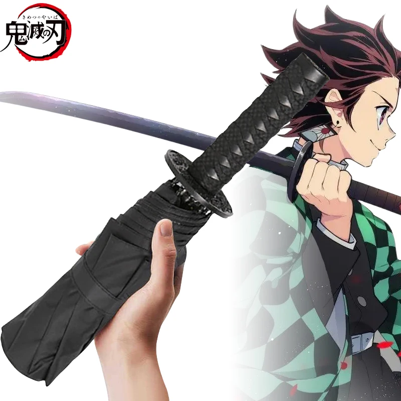 Anime Demon Slayer Katana Ombrello Sunny 3 Ombrellone Pieghevole Kimetsu No Yaiba Tanjirou Samurai Sword Katana Maniglia Ombrello Regalo