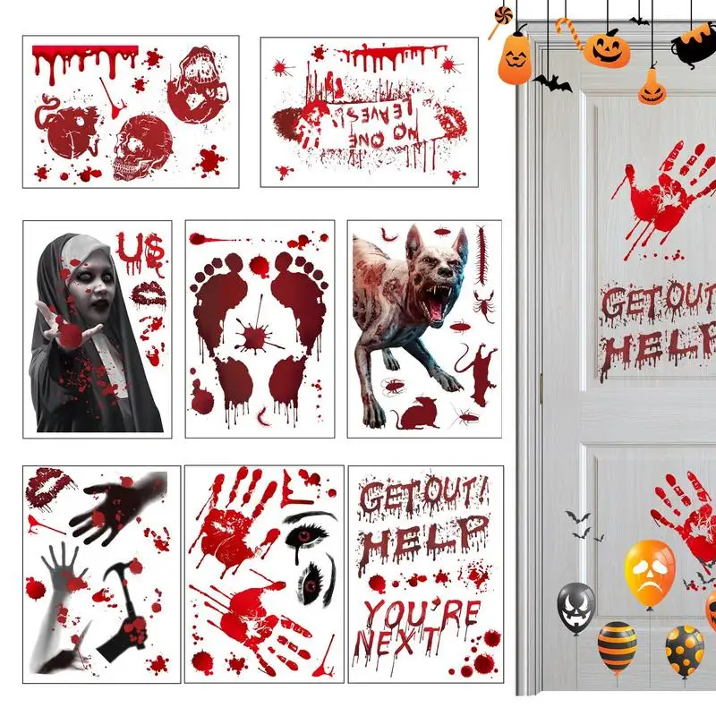 

Halloween Blood Stickers 8 Sheets Halloween Window Clings Spooky Wall Decals Floor Stickers Handprint Footprint Bloody Decal