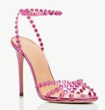 Summer PVC Bling Crystal Rhinestone 10 CM Thin Heels Sandals Woman Ankle Buckle Strap Slingback Party Shoes women slingback sandals women high heels shoes