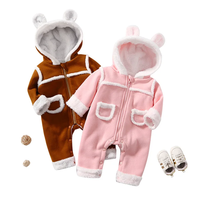 

2023 Korean Winter Baby Girls Rompers Cotton Plus Velvet Hooded Infant Girls Bodysuit Hairy Warm Pocket Newborn Girls Jumpsuit