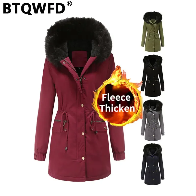BTQWFD куртки с меховым воротником парки Женская одежда с капюшоном флисовые пальто с длинным рукавом женская зимняя утепленная Новинка 2024 модная верхняя одежда