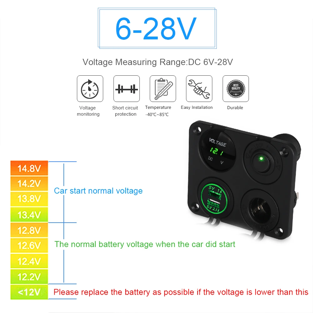4 in 1 스위치 패널 담배 라이터, 듀얼 USB 충전기, ON-OFF 스위치, 로커 스위치 디지털 전압계, 자동차 보트 해양 트럭용