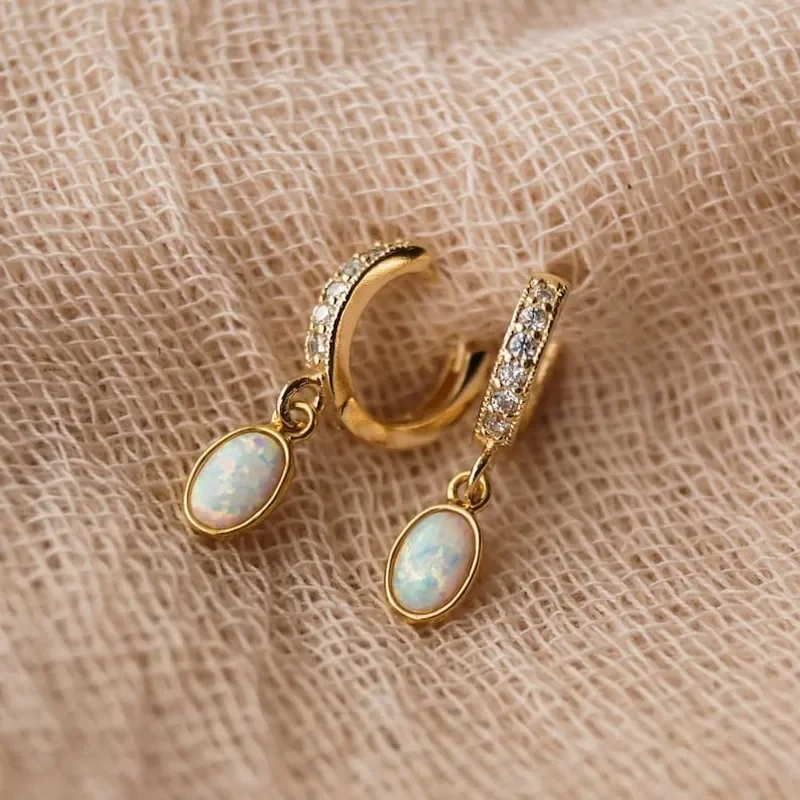

Exquisite Round Opal Earrings Shining Gold Color Metal Inlaid White Zircon Engagement Wedding Dangle Earrings Fashion Jewelry