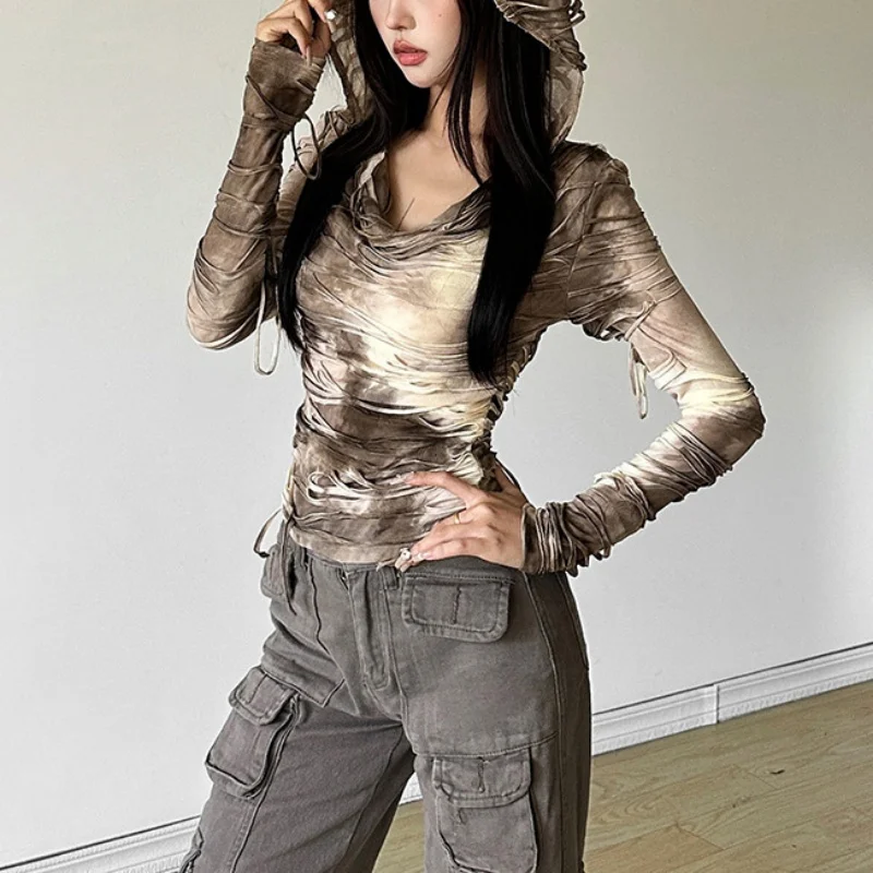 Wasteland Tops Mujer Y2K Ropa Tie Dye Estampado Rasgado Camiseta de Manga Larga con Capucha Ropa Cybercore de los 2000 Ropa Urbana
