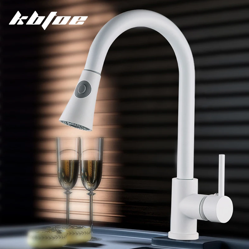 Matte White Kitchen Faucet Single Hole Pull Out Stream Sprayer Head Sink Mixer Tap Deck Mounted Cold Hot Water Chrome/Black Tap kitchen sink faucet cold hot mixer tap deck mounted swivel tap polished chrome plated sprayer single handle bathroom faucet