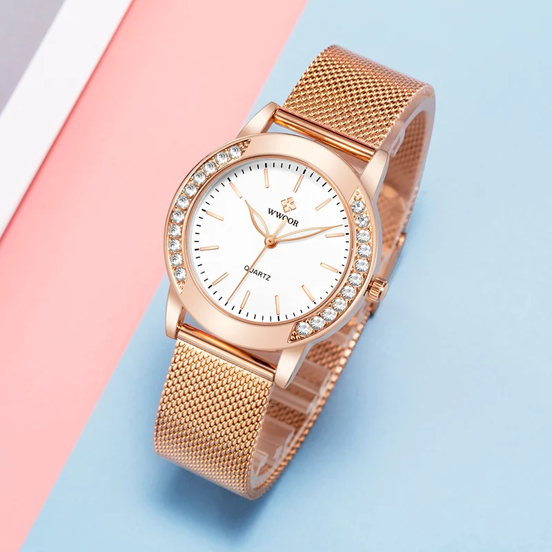 WWOOR Simple Women's Watch Japanese Movement Diamond Elegant Waterproof Rose Gold Stainless Steel Mesh Ladies Quartz Wristwatch