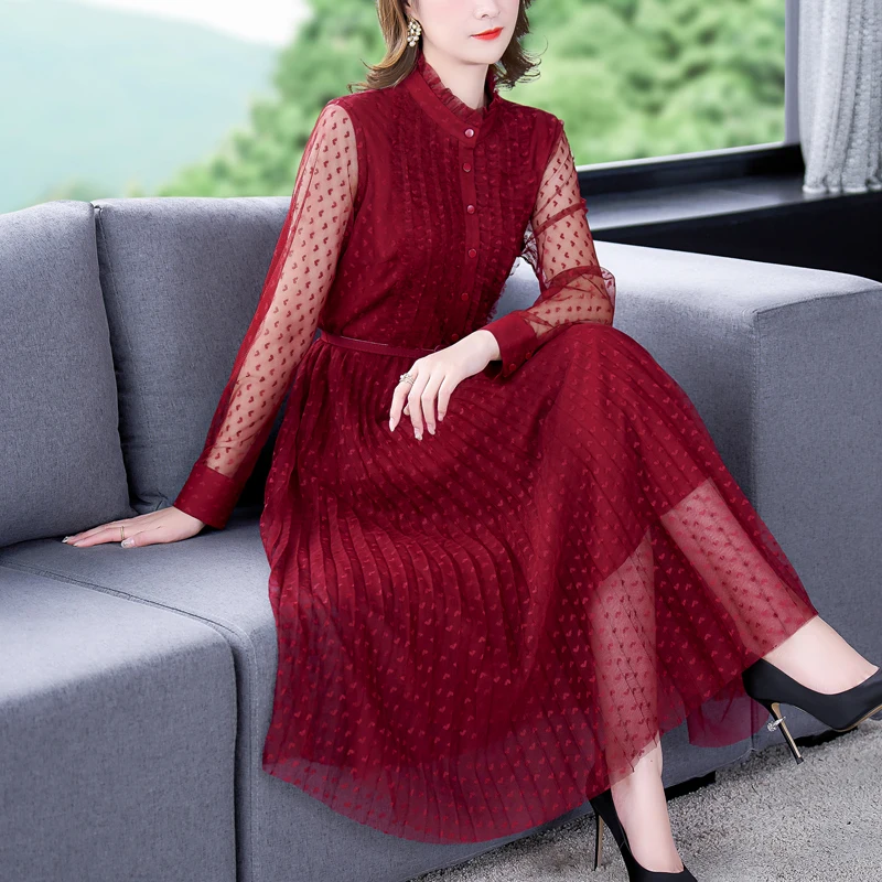 

2023 New Fashion Lace Long Sleeve Dress Women's Autumn Vintage Stand Neck Loose Fit Casual Holiday Dress Vestidos