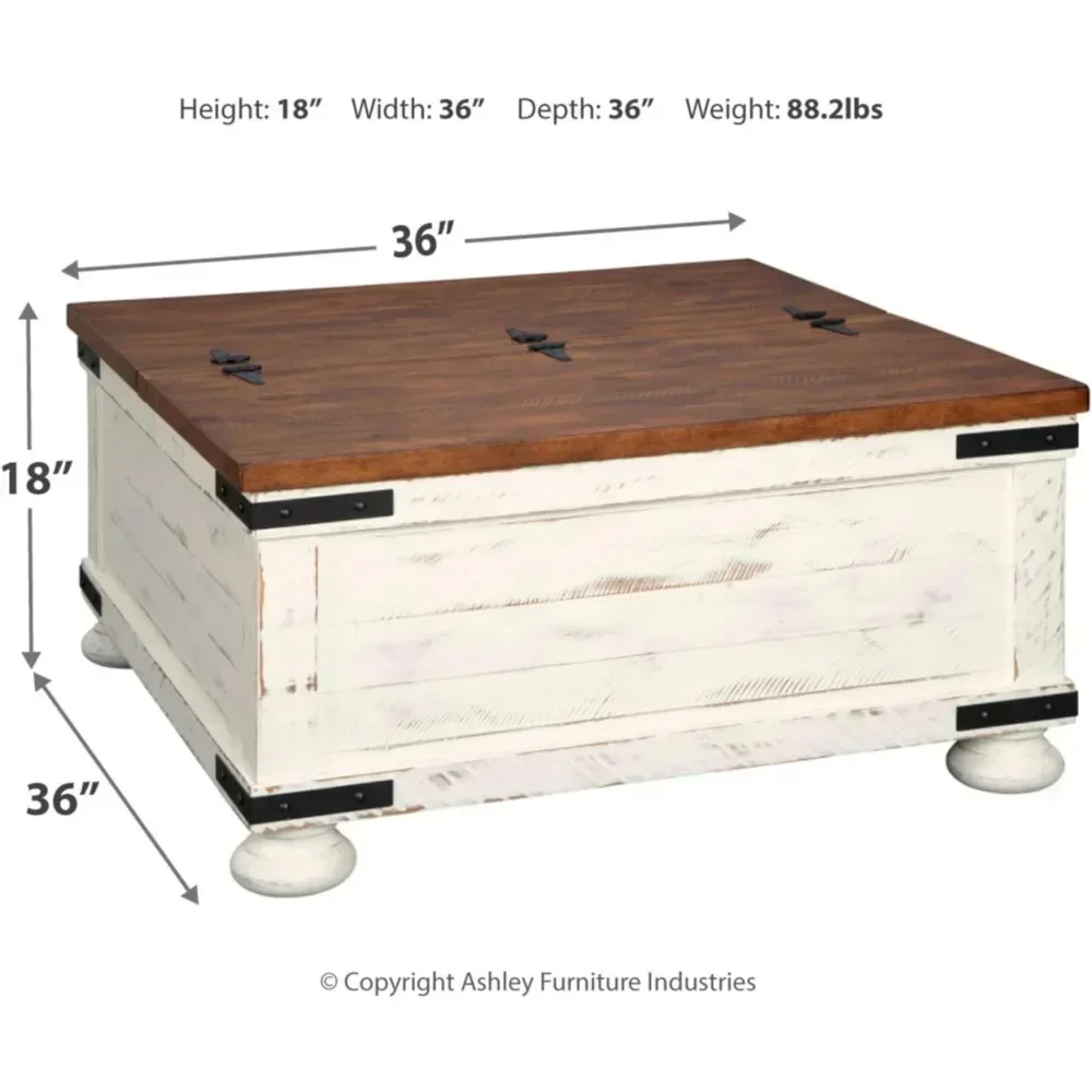 Wystfield Farmhouse Square Storage Coffee Table with Hinged Lift Top, Distressed White 3