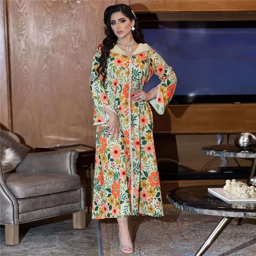 

Eid Mubarak Djellaba Floral Print Diamonds Abaya Dubai Turkey Kaftan Ramadan Muslim Dress Women Jalabiya Islamic Robe Marocain