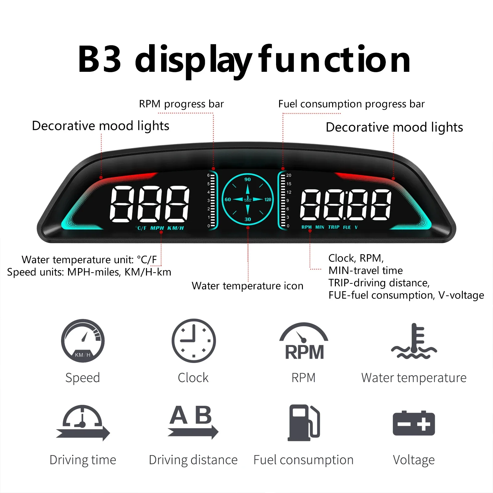 Head Up Display,Tachometer Gauge,Engine Tachometer,Tachometer Meter B3 Tachometer Speedometer Fuel Consumption Volt Meter Water Temp Gauge Alarm Head Up Display Car OBD2 HUD Auto Voltage