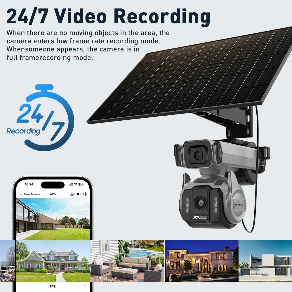 10MP AOV 4G Solar Camera 12X Optical Zoom Dual Screens 7/24 Recording Outdoor Su
