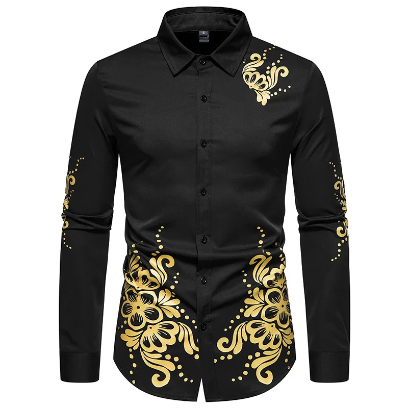 

Mattswag Mens Gold Flower Printing Shirts 2022 Spring Autumn Long Sleeve Breathable Formal Shirts Casual Slim Fit Fashion Camisa