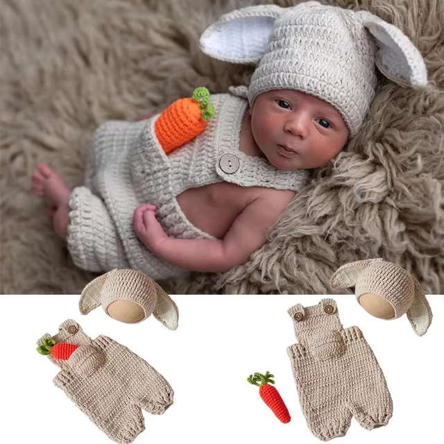 Cute Bunny Costume Newborn Photography Outfits Soft Knitted Rabbit Shape Hat and Jumpsuits with Carrot Clothes Baby Photo Props 1