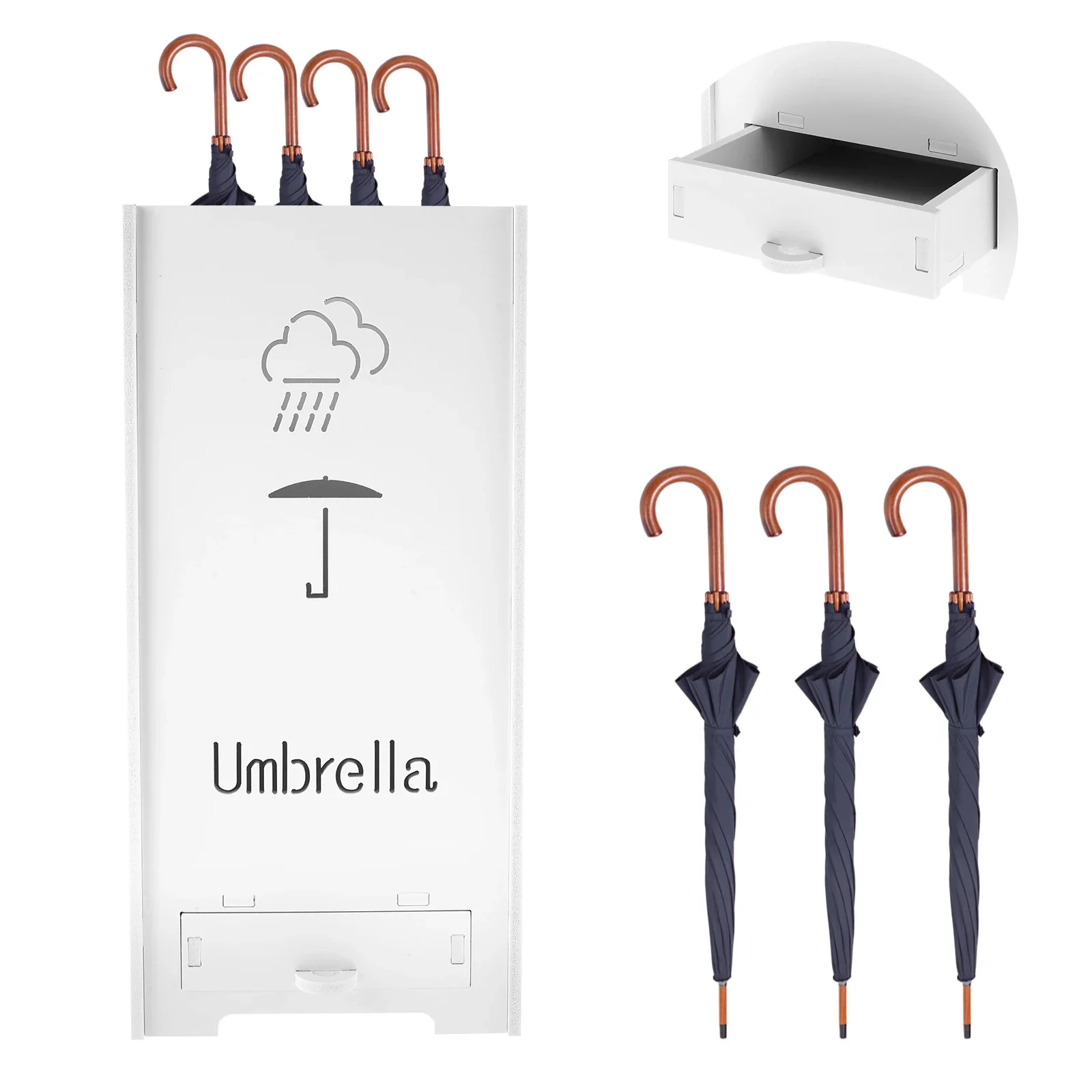 NEW Large Capacity Umbrella Stand PVC Umbrella Draining Storage Rack with Drawer Walking Stick Holder for Home Entryway